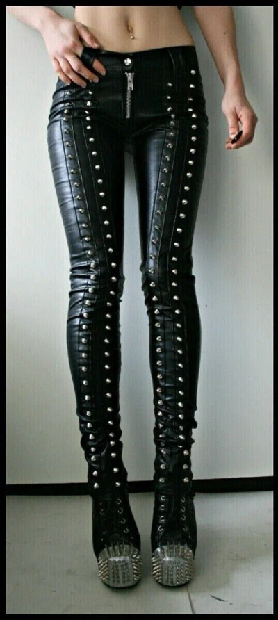 Pre-owned Handmade Women Designer Bespoke Gothic Studded Style Black Italian Leather Jeggings