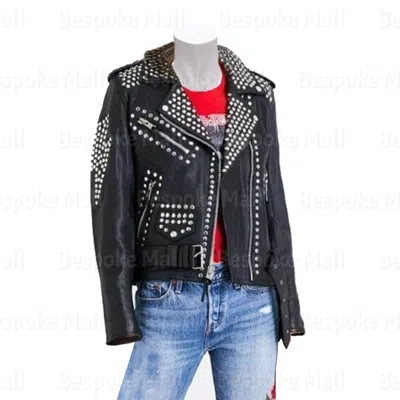 Pre-owned Handmade Women's Full Black Silver Spiked Studded Punk Leather Jacket-298