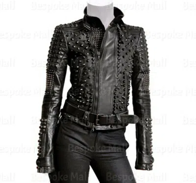 Pre-owned Handmade Women's Full Black Tonal Studded Punk Rock Cowhide Biker Leather Jacket-336