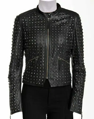 Pre-owned Handmade Women Full Heavy Metal Black Tonal Studded Zipper Cowhide Leather Jacket-189