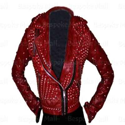 Pre-owned Handmade Women's Full Red Tonal Studded Punk Stylish Real Cowhide Leather Jacket-121