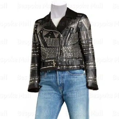 Pre-owned Handmade Women's Full Silver Multi Studded Unique Cowhide Leather Jacket-48