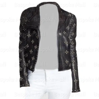 Pre-owned Handmade Women's Full Silver Studded Flower Designed Punk Cowhide Leather Jacket-595