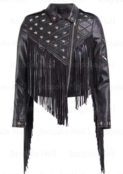 Pre-owned Handmade Women Gold Star Studded Black Cowhide Fringed Leather Jacket-223