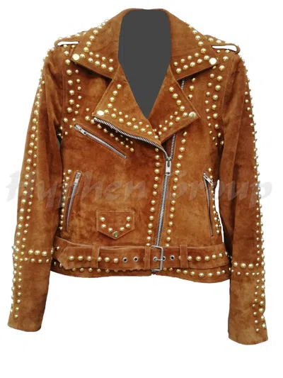 Pre-owned Handmade Women Gold Studded Western Style American Brown Suede Leather Jacket