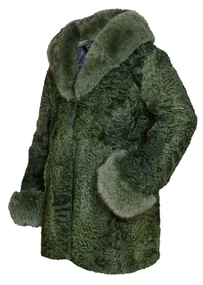 Pre-owned Handmade Women's Green Persian Lamb Fur Jacket Coat Fox Collar Cuffs All Sizes Pre Sale