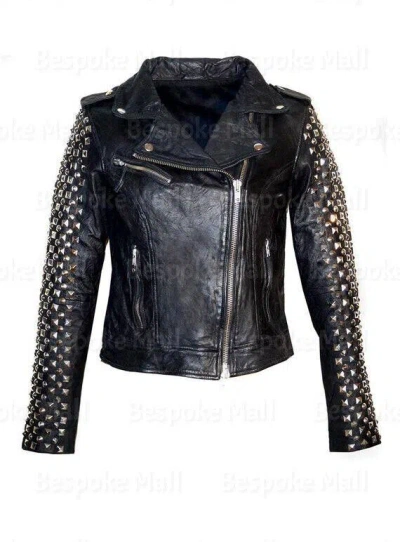 Pre-owned Handmade Women's  Black Brando Motorcycle Cowhide Biker Leather Jacket-1006