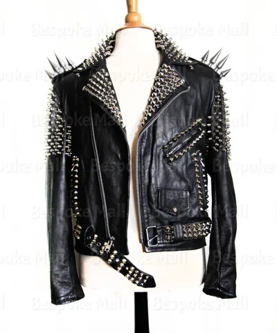 Pre-owned Handmade Women's  Black Colour Silver Genuine Studded Leather Jacket-778
