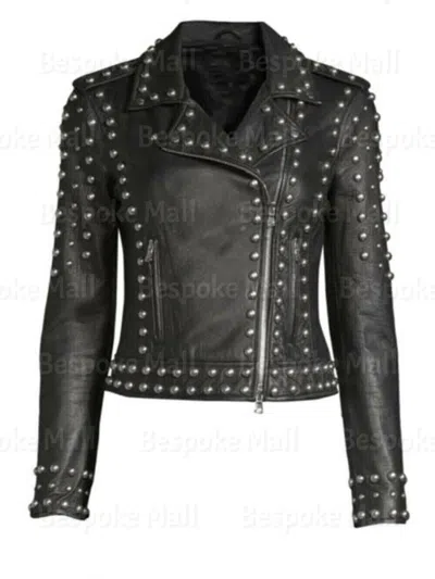 Pre-owned Handmade Women  Black Silver Studded Brando Cowhide Biker Leather Jacket-337