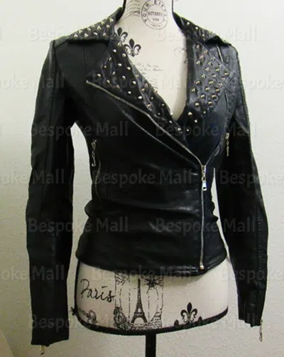 Pre-owned Handmade Women  Black Silver Studded Brando Style Cowhide Leather Jacket-691