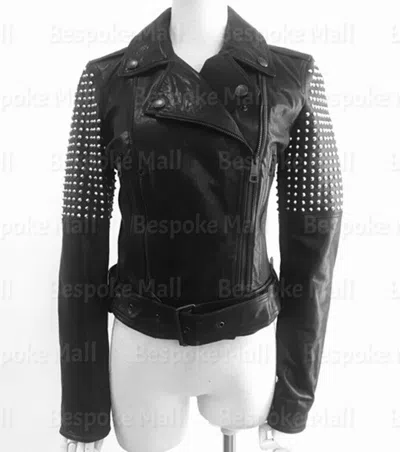Pre-owned Handmade Women's  Black Silver Studded Punk Cowhide Biker Leather Jacket-660