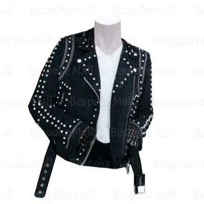 Pre-owned Handmade Women's  Black Silver Studded Punk Suede Biker Leather Jacket-358