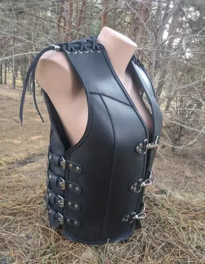 Pre-owned Handmade Women's  Motorcycle Vest Leather Vest Motorcycle Vest In Black