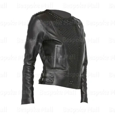 Pre-owned Handmade Women's  Punk Black Metal Brando Studded Cowhide Leather Jacket-449