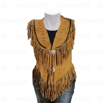 Pre-owned Handmade Women  Suede Leather Fringe Native American Western Cowboy Vest-421 In Brown