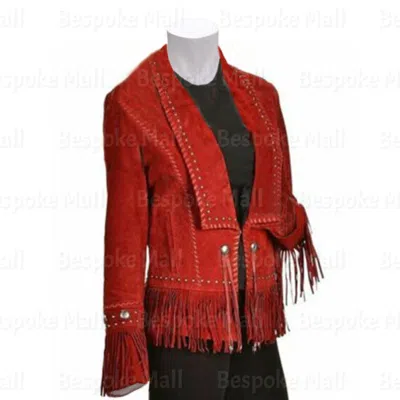 Pre-owned Handmade Women's  Western Fringe Suede Leather Jacket Native American-420 In Red