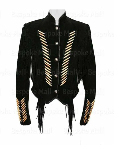 Pre-owned Handmade Women's  Western Fringes Bones Suede Leather Jacket American-761 In Black