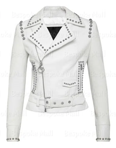 Pre-owned Handmade Women  White Punk Silver Studded Cowhide Biker Leather Jacket-351