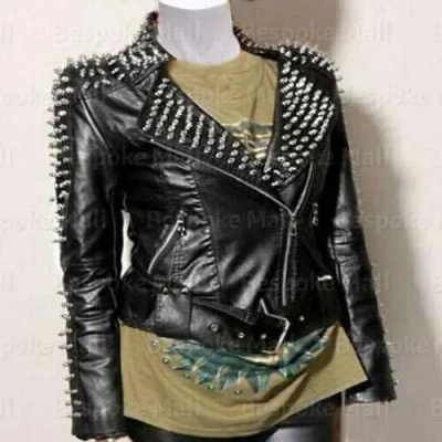 Pre-owned Handmade Women Jackets Coats Punk Spike Studded Shoulder Real Leather Motorcycle-174 In Black