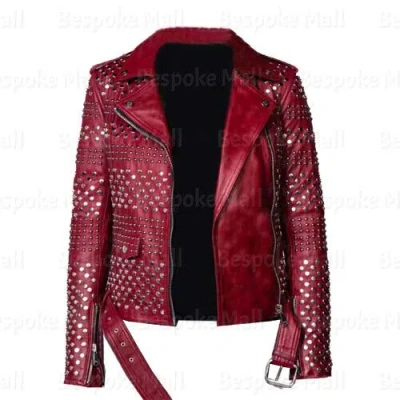 Pre-owned Handmade Women's Maroon Punk Silver Studded Classic Designed Biker Leather Jacket-591