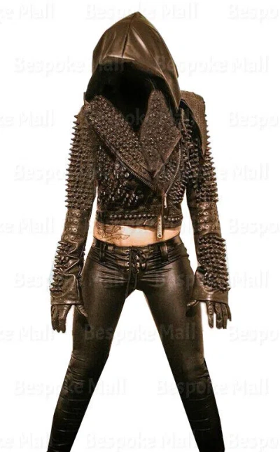 Pre-owned Handmade Women's Metallic Black Spiked Studded Punk Unique Cowhide Leather Jacket-468