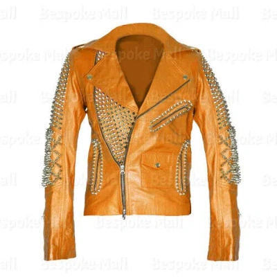 Pre-owned Handmade Women's Orange Heavy Metal Spiked Studded Classic Brando Leather Jacket-904