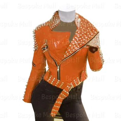 Pre-owned Handmade Women's Orange Silver Spiked Studded Rock Cowhide Biker Leather Jacket-488