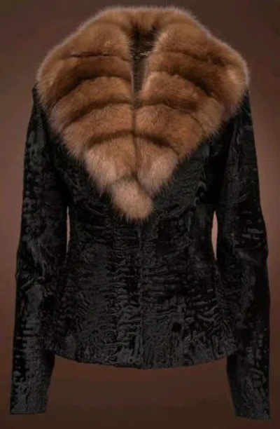 Pre-owned Handmade Women's Persian Lamb Fur Coat Russian Sable Fur Collar All Sizes Pre Sale In Black
