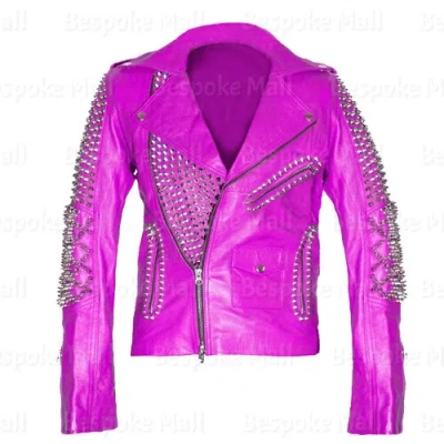 Pre-owned Handmade Women Pink Full Heavy Metal Spiked Studded Classic Brando Leather Jacket-835