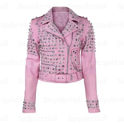 Pre-owned Handmade Women Pink Silver Studs Unique Brando Style Cowhide Biker Leather Jacket-14