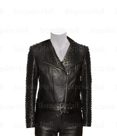 Pre-owned Handmade Women Punk Black Multi Silver Metal Studded Brando Zipper Leather Jacket-195