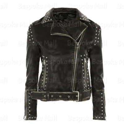 Pre-owned Handmade Women's Punk Brando Silver Studded Biker Style Distress Leather Jacket-94