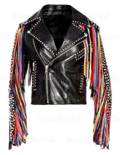 Pre-owned Handmade Women Punk Full Silver Studded Punk Classic Zipper Design Leather Jacket-192