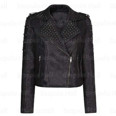 Pre-owned Handmade Women Punk Heavy Metal Black Studded Brando Style Cowhide Leather Jacket-635