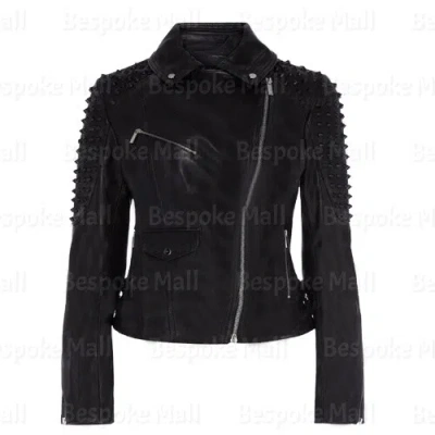 Pre-owned Handmade Women's Punk Rider Black Heavy Metal Cone Studded Biker Leather Jacket-231