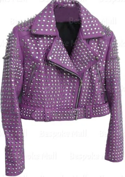 Pre-owned Handmade Women's Purple Full Silver Studded Brando Classic Biker Leather Jacket-134