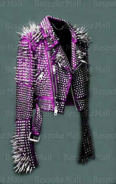 Pre-owned Handmade Women's Purple Military Studded Leather Jacket Spiked Brando -214