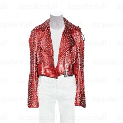 Pre-owned Handmade Women Red Full Silver Spiked Studded Cowhide Short Biker Leather Jacket-242