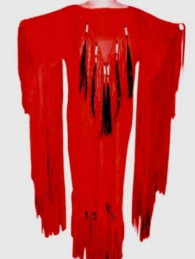 Pre-owned Handmade Women's Red Leather Long Beaded Fringes Wedding Dress Powwow Regalia Wdr222