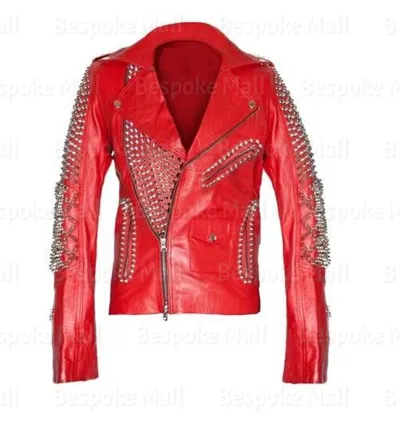 Pre-owned Handmade Women's Red Silver Spiked Studded Designed Cowhide Biker Leather Jacket-940