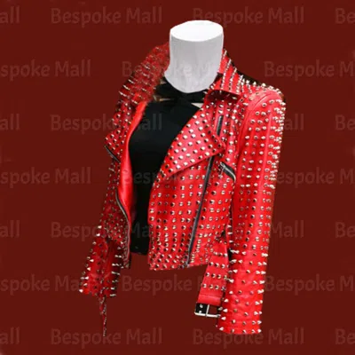Pre-owned Handmade Women Red Silver Spiked Studded Punk Rock Cowhide Biker Leather Jacket-363