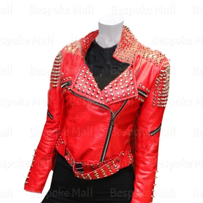 Pre-owned Handmade Women's Red Silver Spiked Studded Punk Rock Cowhide Biker Leather Jacket-436