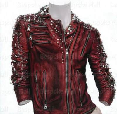 Pre-owned Handmade Women's Red Silver Studs Brando Punk Eyelet Cowhide Biker Leather Jacket-353