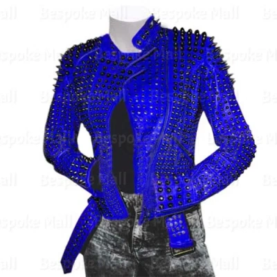 Pre-owned Handmade Women's Rock Punk Blue Metal Black Tonal Spiked Studded Leather Jacket-217