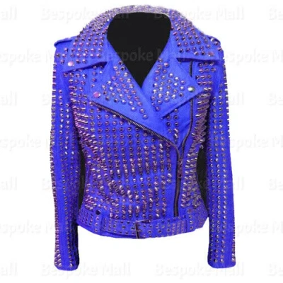 Pre-owned Handmade Women's Rock Punk Blue Silver Cone Studded Brando Style Leather Jacket-842