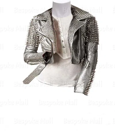 Pre-owned Handmade Women Silver Punk Silver Spiked Studded Cowhide Biker Leather Jacket-254