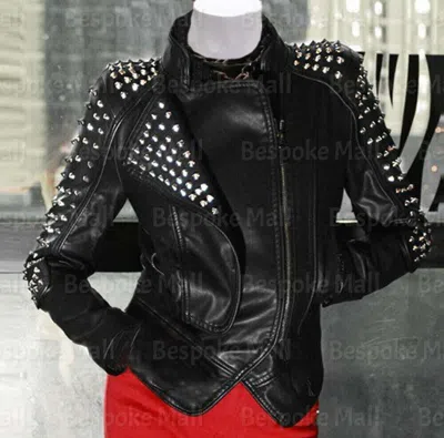Pre-owned Handmade Women's Silver Studded Punk Unique Stylish Cowhide Biker Leather Jacket-489