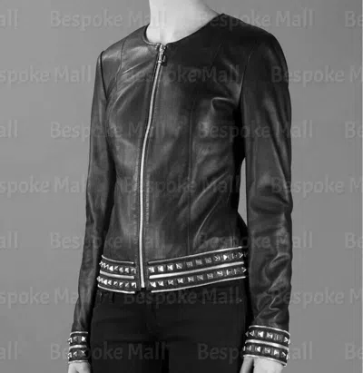 Pre-owned Handmade Women's Silver Studded Top Quality Brando Cowhide Biker Leather Jacket-666