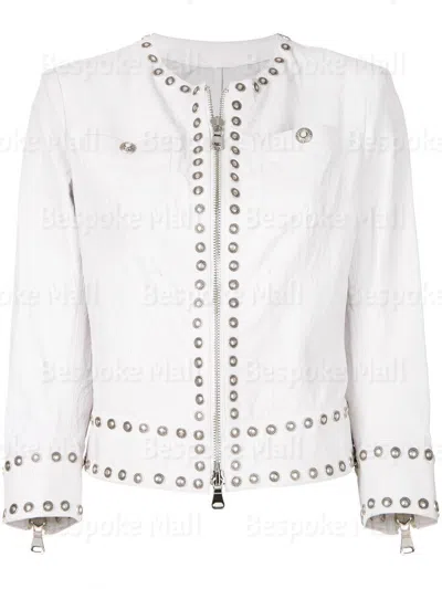 Pre-owned Handmade Women Silver Studded White Brando Style Cowhide Leather Jacket-1090