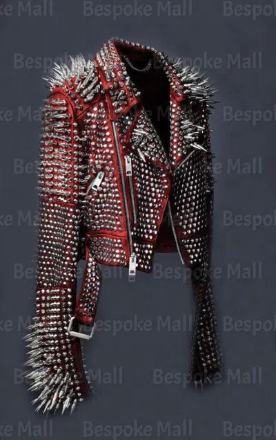 Pre-owned Handmade Women's Spiked Steam Punk Studded Leather Jacket, Rockers Studded Jacket-216 In Red
